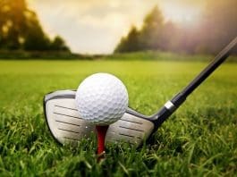 Golf club and ball in grass