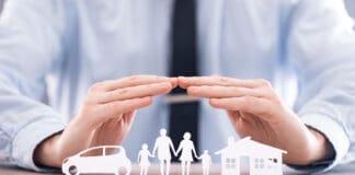 Insurance protecting family health live, house and car concept.